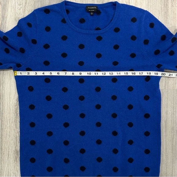 Talbots 100% Pure Cashmere Button Cuff Crewneck Sweater Blue Black Dots Size L - Picture 3 of 7